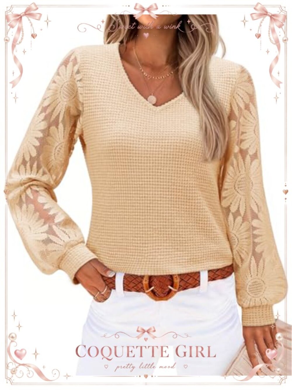 Womens Blouse Long Sleeve V Neck Lace Waffle Knit Business Casual Top